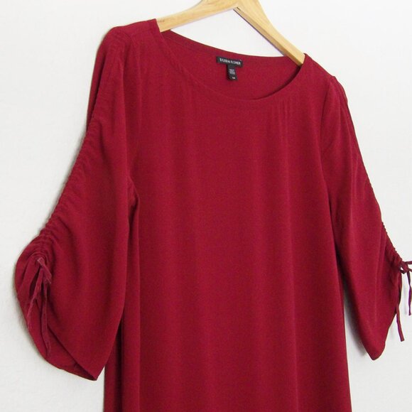 Eileen Fisher 100% Silk Ruched Sleeve Shift Dress In Dark Tulip S Burgundy $378 - Picture 13 of 15